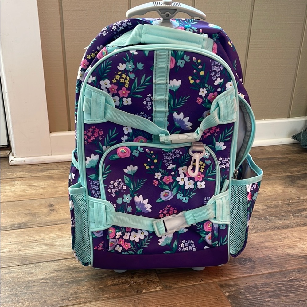 Floral Purple and Teal Roller Backpack with retractable handle
